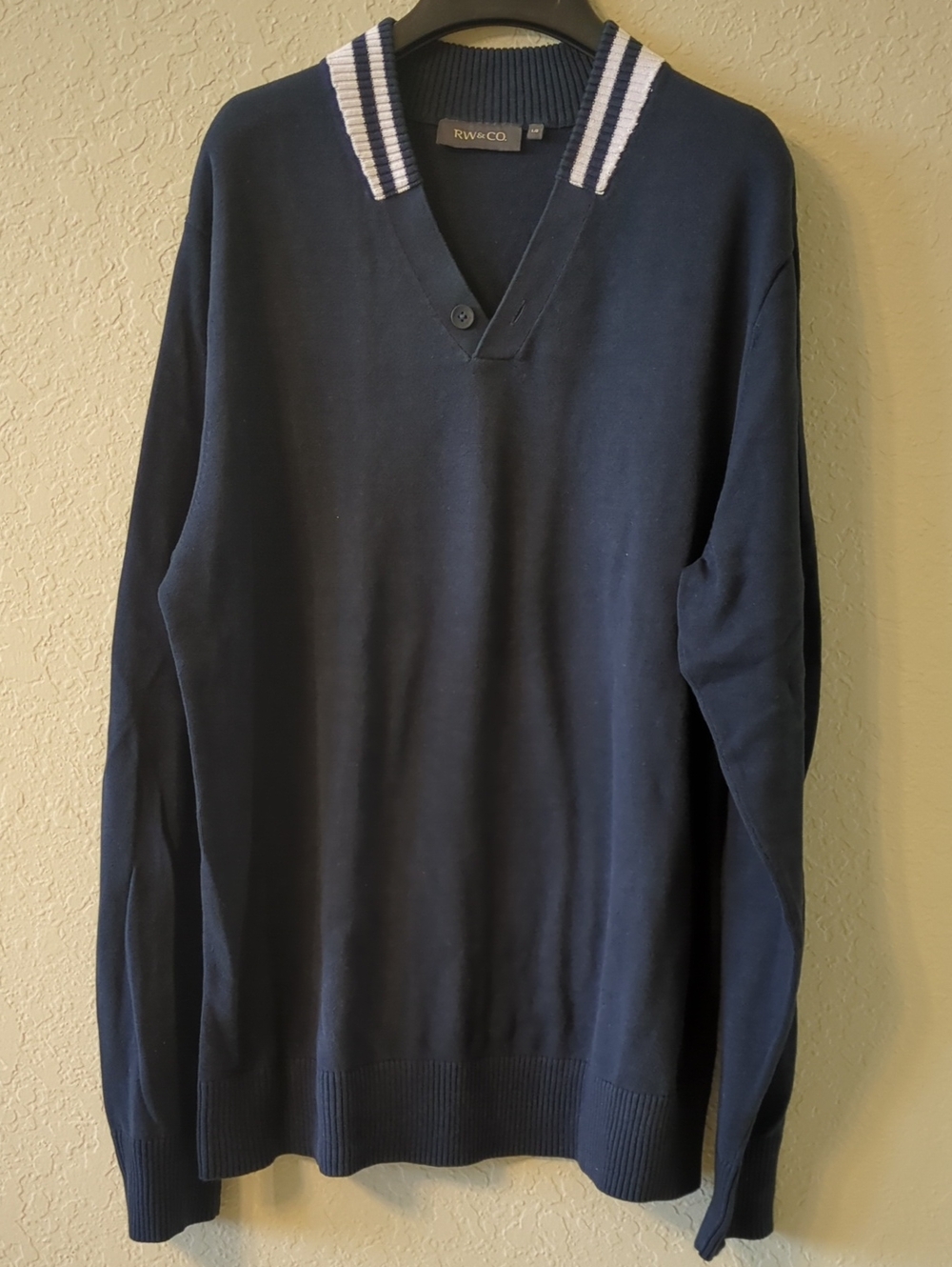 RW&CO. Navy V-Neck Sweater with White-Trim Striped Collar